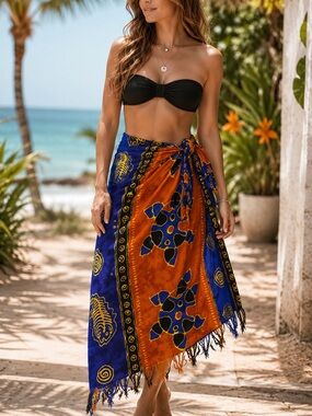 Koko Knot Turtle Print Fringe Sarong Beach Cover Up Wrap Scarf 42x60